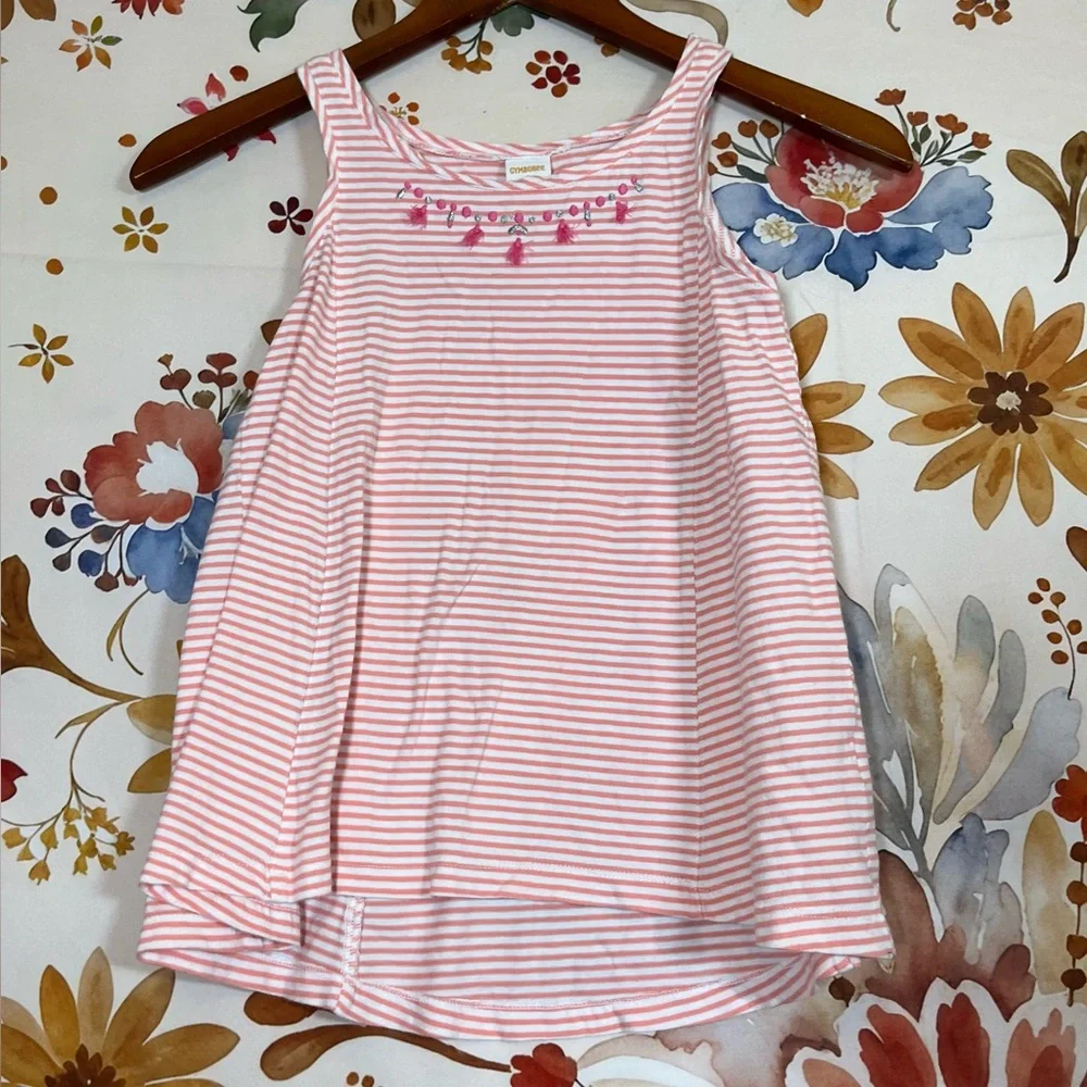 Gymboree Girls 8 White Coral Silver Striped Embroidered Tank Summer Girlie City